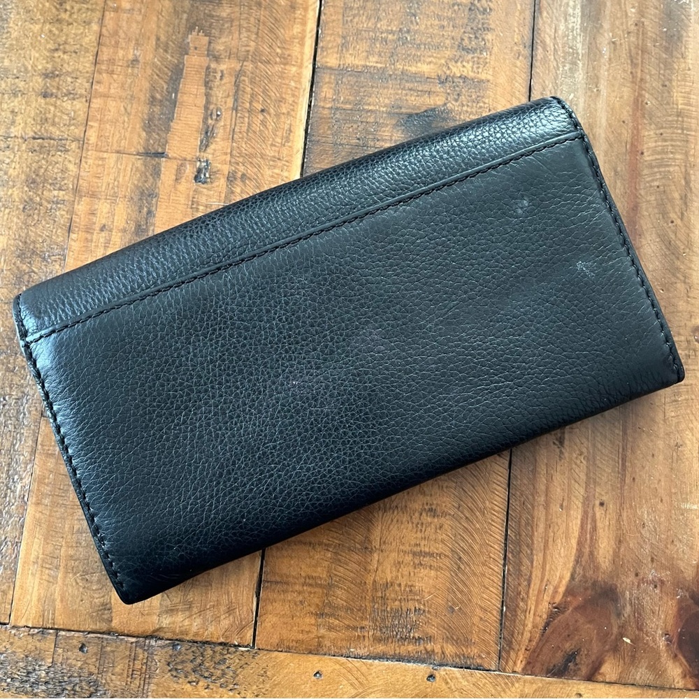 Michael Kors Leather Bifold Wallet Long Black Gold Logo Large Coin Pouch Snap - Picture 2 of 11